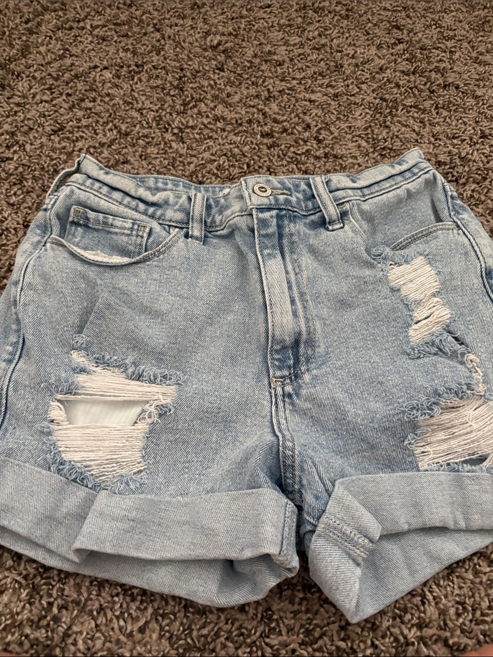 Hollister Light Blue Distressed Rolled-Hem Denim Shorts